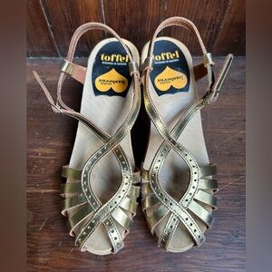 Swedish Hasbeens “Gypsie Dancing Shoe” Gold Strappy Sky High Height Platforms